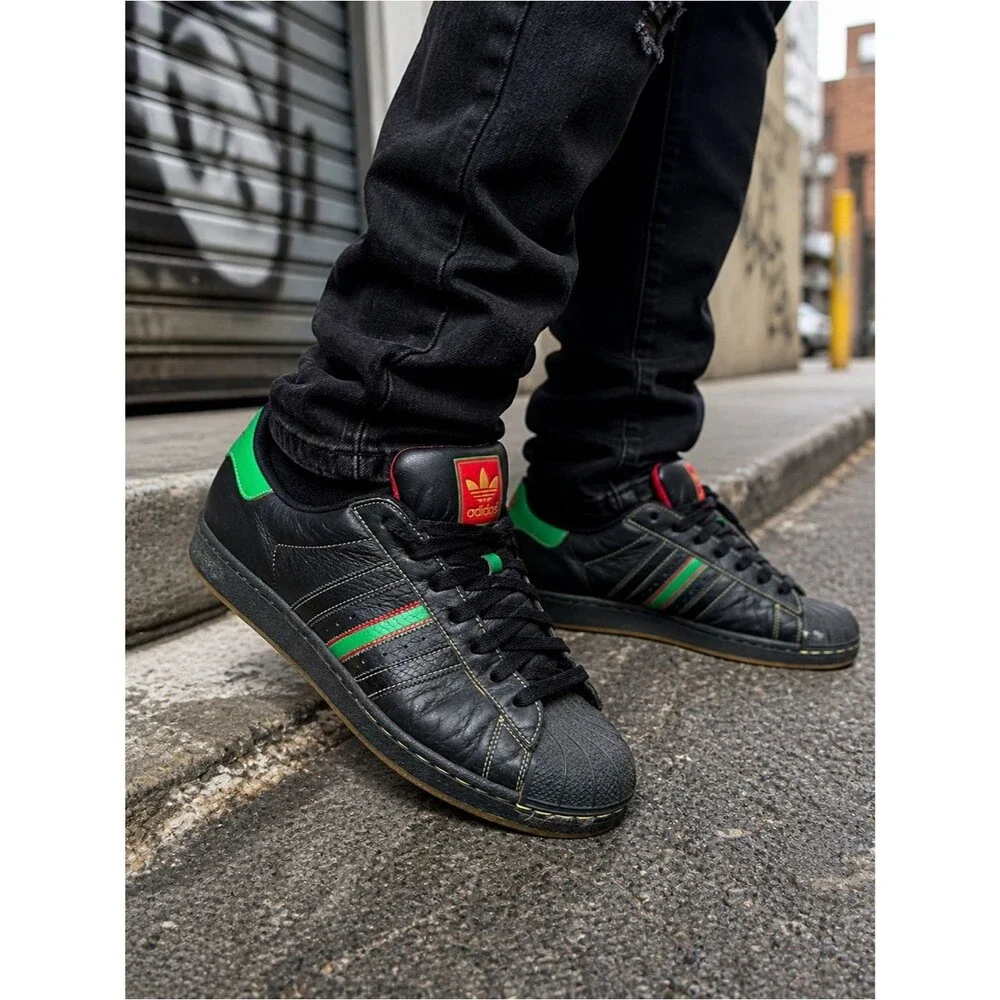 Adidas Superstar Black Leather Red Green Stripe Shell Toe Sz 11